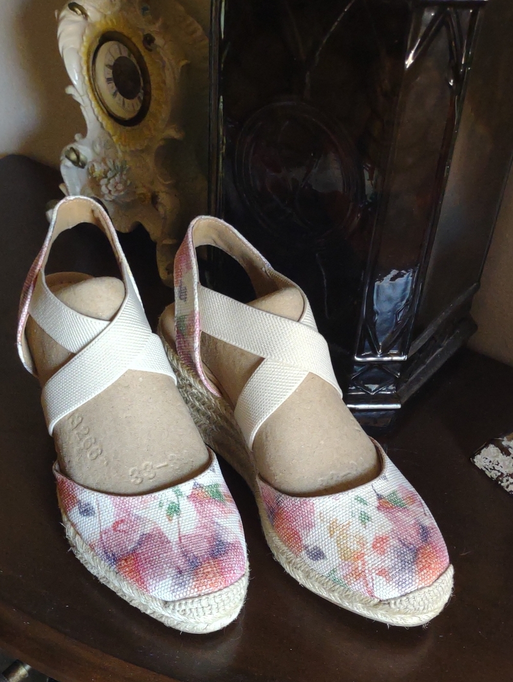 Floral Canvas Espadrille Wedges with Cream Cross-Strap